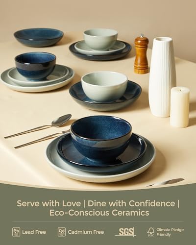 Pokini Stoneware Dinnerware Sets for 4, 12pcs Plates and Bowls Sets Dishes