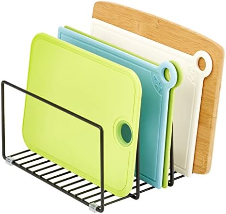 mDesign Metal Pan Organizer for Kitchen Cabinet, Counter, Pantry Shelf - 3 Slots for Baking Sheets, Muffin Pans, Cutting Boards, Frying Pans - Pan Organizer and Storage - Concerto Collection - Black