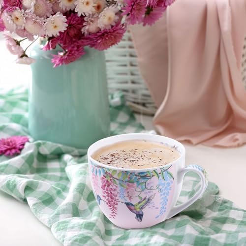 Spring Hummingbird Hug Mug - 20oz Pink Bone China Coffee Tea Mug with Floral Vine & Fluttering Hummingbirds, Thoughtful Gifts for Mom Women Mothers Day, Designed in England by Harvest Green Studio