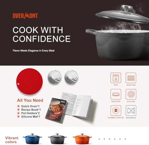 Overmont Enameled Cast Iron Dutch Oven - 5.5QT Pot with Lid Cookbook, Grey