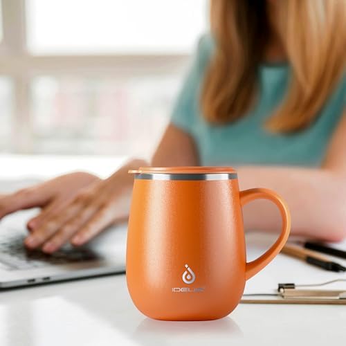 Ideus 16 oz Insulated Coffee Mug with Lid and Handle (Orange Tiger 2.0)