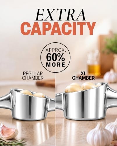Zulay Kitchen Large Premium Garlic Press Set - Bigger Bowl for Bigger Garlic - Rust Proof Garlic Mincer Tool - Easy-Squeeze, Easy-Clean Silicone Garlic Peeler & Brush (Chrome)