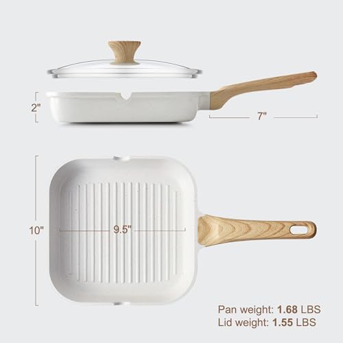 SENSARTE Nonstick Ceramic Grill Pan with Lid, Versatile Square Grilling Pan with Pour Spouts, Durable Grill Skillet for All Stoves(Gas,Electric,Induction) Non Toxic-PTFE,PFAS,PFOA Free, 9.5 Inch