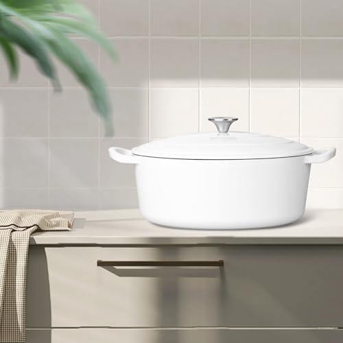 Leonyo 5-Quart Enameled Cast Iron Oval Dutch Oven Pot with Lid, White