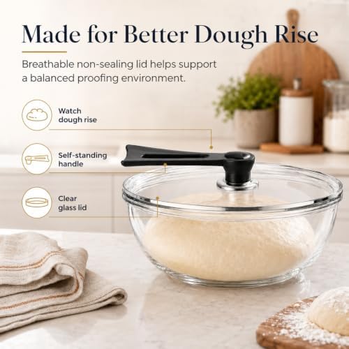 Large Glass Bowl for Sourdough Bread Making 6 QT Glass Mixing Bowl with Lid and Black Stand-Up Handle, Clear Sourdough Bread Proofing Bowl with Cover, Ideal for Baking, Meal Prep and Kitchen Storage