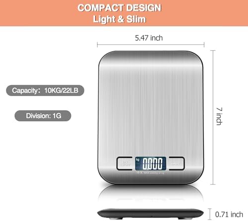 Digital Food Kitchen Scale, Stainless Steel, LCD Display, Precision Grams and Ounces for Baking, Cooking, Keto & Meal Prep, 11lb/5kg Capacity