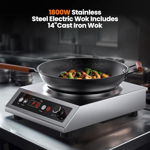 1800W Induction Wok,Stainless Steel Electric Wok Used For Home And Commercial,Temp From 140°F to 460°F,Concave Surface Dual Control 10 Power 24H Timer,14-inch Cast Iron Wok Included