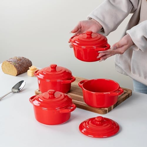 Mini Dutch Oven Set of 4, 14 oz Ceramic Mini Dutch Ovens with Lids and Handles, Ramekins with Lids for French Onion Soup, Pot Pies, Soufflés and Baked Desserts, Oven Microwave Dishwasher Safe, Mini Cocotte,(Red)