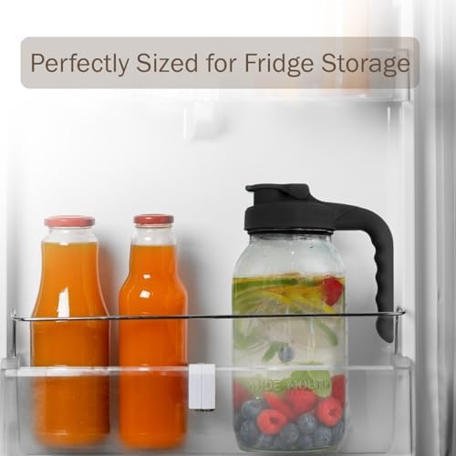 Mason Jar Pitcher - Airtight & Leakproof Glass Pitcher with Lid, Perfect for Breastmilk, Cold Brew Coffee, Sun Tea, Water & Drinks, 2 Quart (64 oz) Wide Mouth Mason Jar with Pour Spout Lid - Black