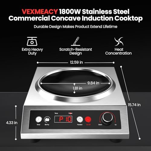 1800W Electric Wok Used For Home And Commercial,Induction Wok With Concave Surface Stainless Steel Strong Power Dual Control Mode 10 Power And Temp 24H Timer Induction Cooktop For Cooking