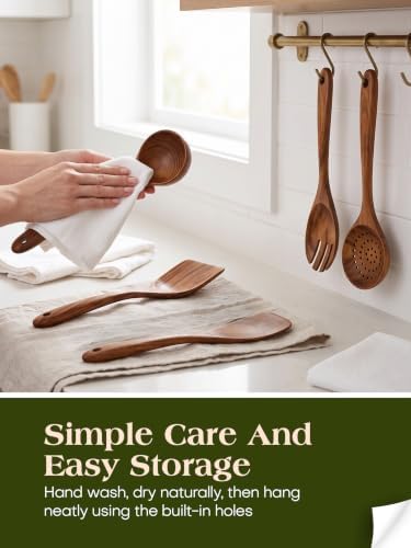 AIUHI Wood Utensils Set for Cooking, Teak Wooden Utensils Set Wood Spatula for Nonstick Cookware Kitchen Utensils Set 5