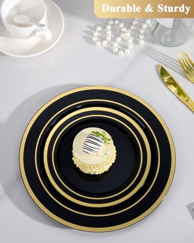 Goodluck 120PCS Black Plastic Plates with Gold Rim