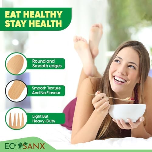 ECOSANX® 200 PCs Disposable Wooden Cutlery set 6.3" Splinter Free Compostable Utensils for party, Eco-Friendly, 100% All-Natural Bamboo Utensils set for picnic, Bamboo cutlery set for Events & More