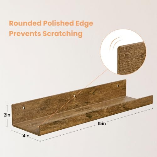 upsimples 4 Pcs 15" Acrylic Shelves for Wall Decor and Display, Rustic Wood