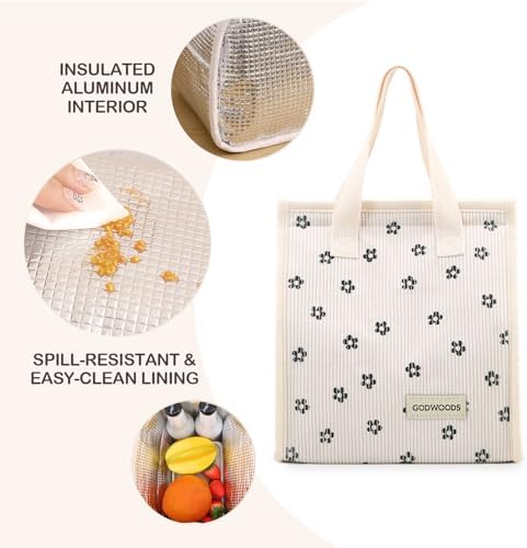 TELLUMO Corduroy Insulated Lunch Bag, 7.75L Large Capacity Reusable Lunch Box, Cute Lunch Tote for Women Men, Leakproof Lunch Cooler for Work Picnic Travel (Corduroy BlackClub)