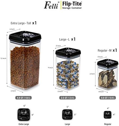 Felli Flip Tite Acrylic Food Storage Container with Lid 6” XL Air Tight Ring Seal Flip Lock, Plastic Kitchen Baking Canister for 5 lb Flour Sugar Rice Protein Powder Pantry Organizer (Nest-L Black)