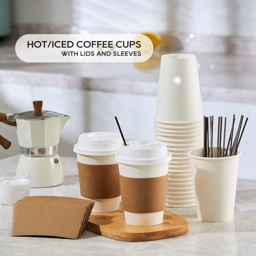 JOLLY PARTY 50 Pack 12 oz Disposable Paper Coffee Cups with Lids & Sleeves