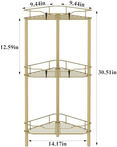 HuggieGems Metal Floor Standing Corner Shower Caddy, Gold, 3 Tier