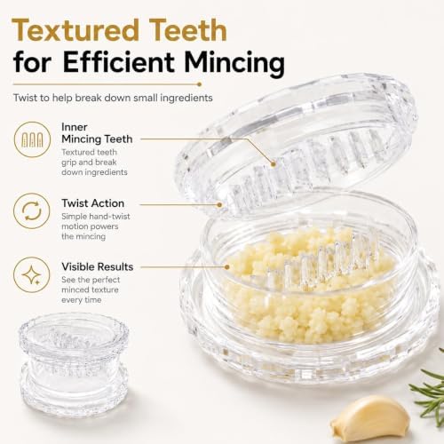 4 Pack Garlic Presses Clear, Manual Garlic Twister Masher - Plastic Garlic Grinder and Mincer Tool Dishwasher Safe & Easy to Clean Rotary Chopper for Garlic, Chili, Onion and Nuts, Compact