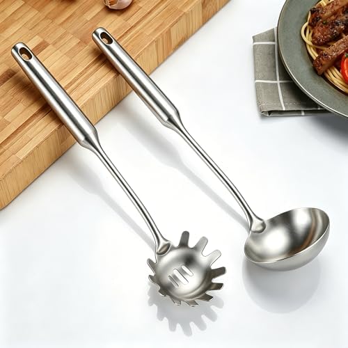 Stainless Steel Pasta Server and Cooking Spoon, Large Soup Ladle, Spaghetti Server with Teeth & Draining Holes, Dishwasher Safe Utensil for Everyday Use