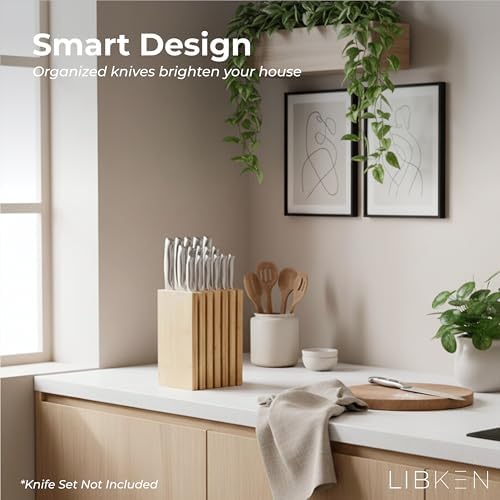 Libken Bamboo Knife Block – Minimal Scandinavian Design, Universal Knife Holder with 6 Slots for Up to 18 Knives – Fits Paring, Chef, Steak, Butcher Knives & Scissors, Countertop Knife Block