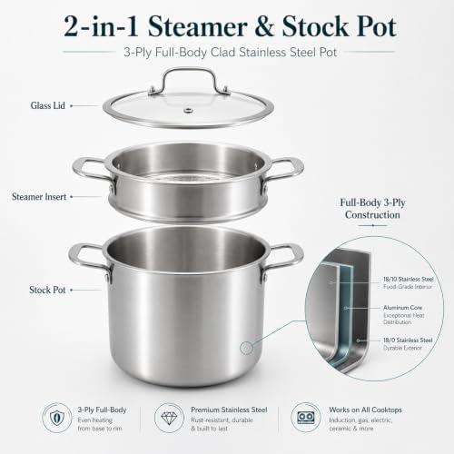 DELARLO 8 Quart Tri-Ply 18/10 Stainless Steel Stock Pot with Steamer