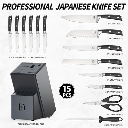 KnifeSaga 15 Pcs Japanese Knives Set for Kitchen, Razor Sharp, Professional