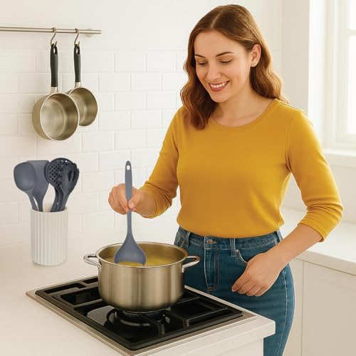 Glad Kitchen Utensils Set, 8pcs - Nonstick Cooking Tools with Utensil Holder - Nylon Spoon, Ladle, Skimmer, Spaghetti Server, and Turner Spatula Set - Dishwasher Safe, Grey