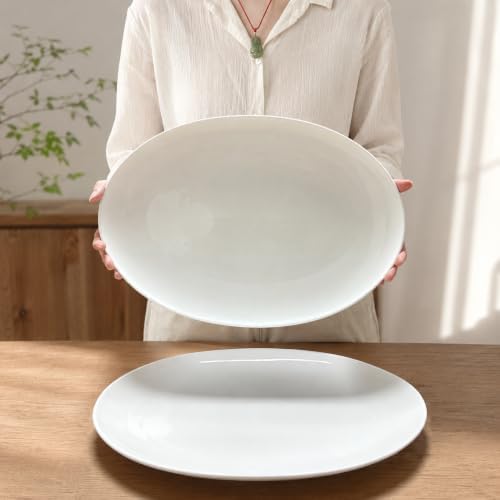 White Serving Platters Set of 2, 15.5 Inch Oval Porcelain Serving Platters, Serving Dishes for Entertaining, Party, Appetizers, Cheese, Dessert and Food Display