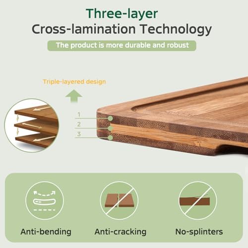 Bamboo Cutting Boards for Kitchen(Set of 3), Wood Cutting Board with Wood Storage Stand, Charcuterie & Chopping Board for Vegetables and Meat, with Deep Juice Groove, Ideal Kitchen Gifts