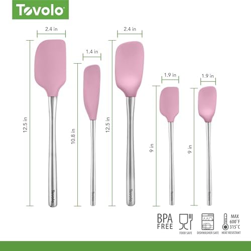 Tovolo Stainless Steel Handled Silicone Spatula Set of 5 Pink Sorbet, Dishwasher Safe Kitchen Spatula Set for Cooking Baking, Non Toxic BPA Free Silicone Spatula set with Metal Steel Handle