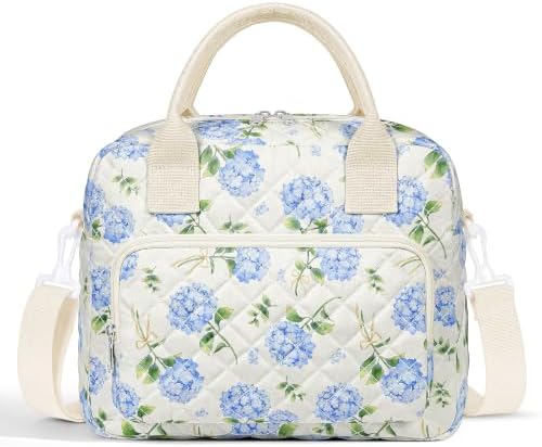 WOBAGMEN Quilted Lunch Box for Women, Insulated Lunch Bag for Adult, Cute Lunch Tote Bags for Work Picnic Travel (Blue Hydrangea, M)