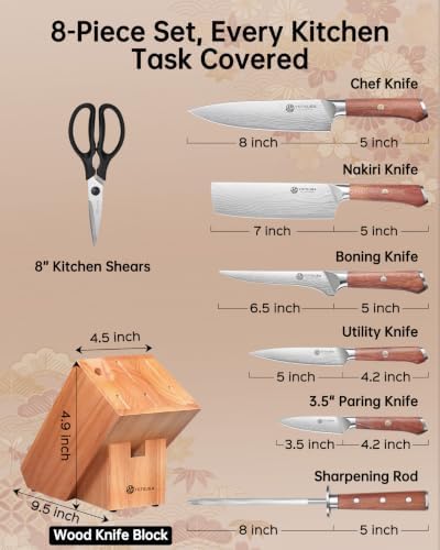 YOTSUBA 8 PCS Japanese Kitchen Knife Set with Block, Ultra Sharp Knives Set