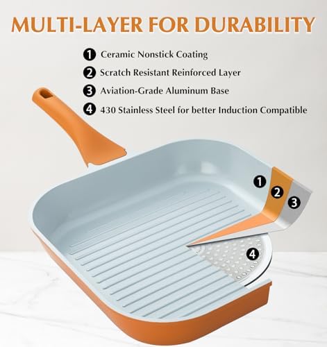 KOCH SYSTEME CS 9.5 Inch Nonstick Grill Pan for Stove Tops, Square Frying Pan with Pour Spouts, Square Pan for Indoor Cooking, Grill Skillet with Bakelite Handle, PTFE & PFOA Free, Copper