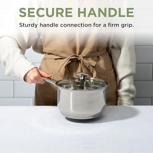 Ecolution Stainless Steel Sauce Pan, Encapsulated Induction Ready Cooking Pot with Glass Lid, Oven Safe, Dishwasher Safe Soup Pot, 3-Quart