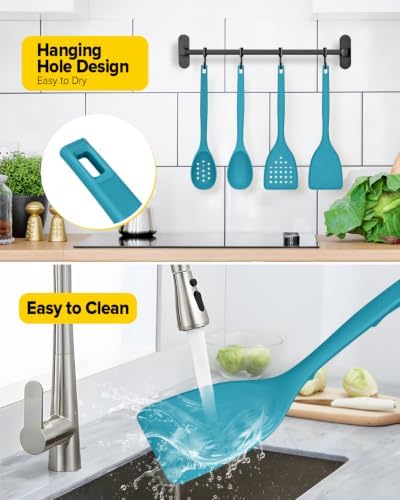 BUNDLEPRO Silicone Cooking Utensils Set, 4 Pcs Spatula and Spoon Set, Blue