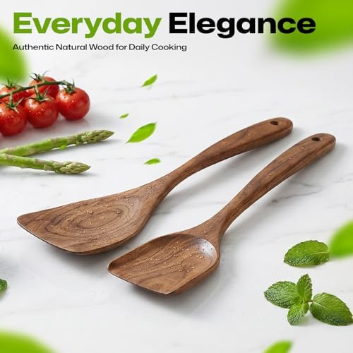 AIUHI 2-Piece Teak Wooden Spatula Set, Wooden Cooking Spatulas for Flipping, Stir-Frying & Serving, Nonstick-Safe Wooden Kitchen Utensils
