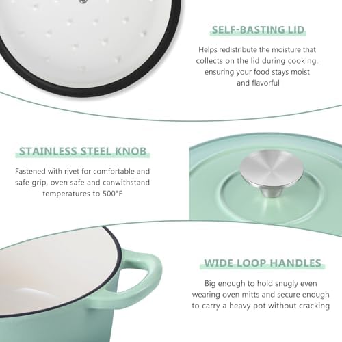 E-far 3 Qt Enameled Cast Iron Dutch Oven with Lid, Small Round Nonstick Dutch Oven Pot for Bread Baking Braising Stews Roasting Cooking, Heavy Duty, Induction & Oven Safe - Sage Green