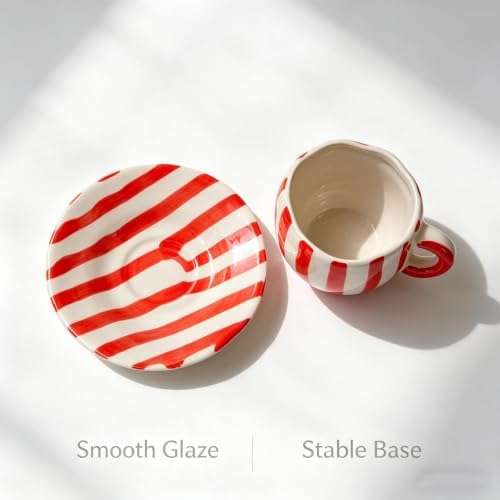 Espresso Cups Ceramic Coffee Mug Series European Striped Dot Coffee Cup And Saucer Mug Cake Plate Afternoon Tea Set Tea Cup And Saucer (Red 2)