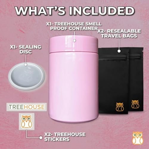 Treehouse Smell Proof Container (500mL) for Herbs, Spices, Coffee, Teas & More, Double Sealed Air Tight Jar, Thick UV Protection Glass, Smell Proof Herb Storage, x2 Resealable Smell Proof Bags (Pink)