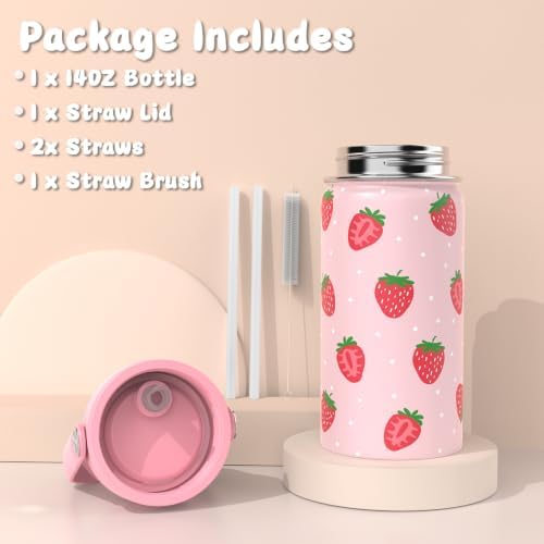 Kids Bento Box with Food Jar, Water Bottle, Lunch Bag, Strawberry