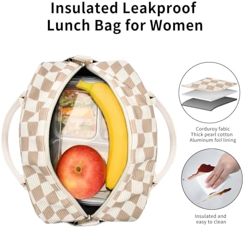 GASSDA Lunch Box for Women Insulated Lunch Bag Women Adult Cute Lunch Bags Reusable Lunchbox Cooler Tote Bag for Work Picnic (Beige-Brown Plaid)