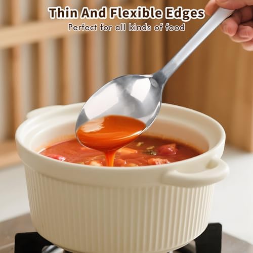 Stainless Steel Cooking Spoon, Solid Metal Serving Spoon, Heavy Duty Sturdy Large Soup Ladle, High Heat Resistant Kitchen Cooking Utensils for Mixing, Stirring, Ergonomic Handle, Easy to Clean, Silver