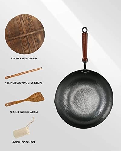 BIELMEIER Wok Pan 12.5", Woks and Stir Fry Pans with lid, Carbon Steel Wok with Cookware Accessories, Flat Bottom Suits for all Stoves