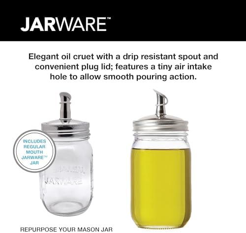 Jarware Glass Mason Jar & Oil Cruet Lid, Jar & Stainless Steel Oil Cruet