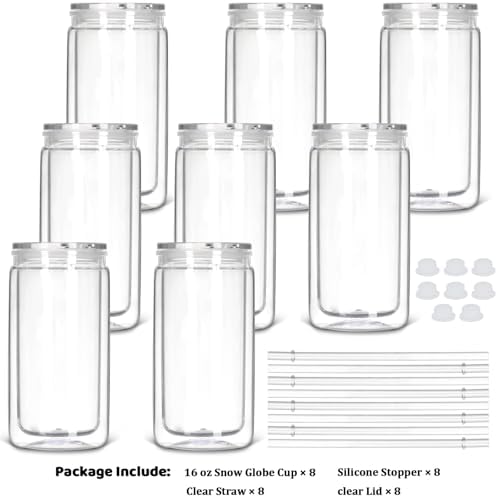8 Pack plastic Snow Globe Tumbler, 16 Oz Double Wall Plastic Can with Lid and Straw, Mason Jar Mug for Snow Globe Glitter DIY Gift (Clear)