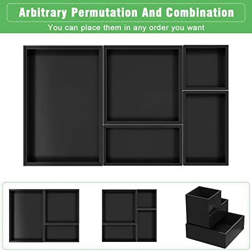 Black Bamboo Bathroom Drawer Organizer, Wooden Kitchen Utensil Holder Set of 5, Stackable Junk Drawer Organizer Tray, Multi-Use Storage Bins Boxs Dividers for Home, Office, Clothing, Makeup, Jewelry