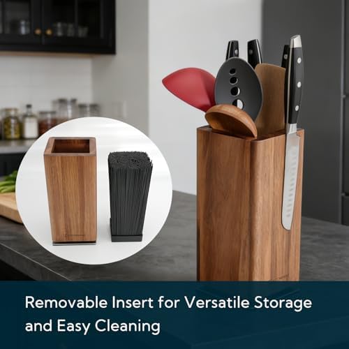 KITCHENDAO Magnetic Knife Block without Knives, 360° Rotatable Acacia Wood Knife Holder, Large Knife Storage with Magnet for Knives & Utensils, Kitchen Countertop Organizer