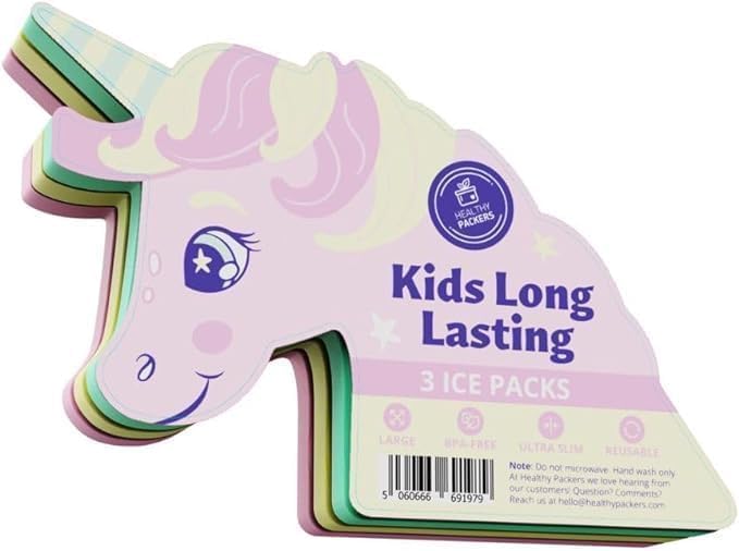 Healthy Packers® Slim Reusable Ice Packs for Lunch Boxes Kids and Adults | Long‑Lasting Thin Freezer Packs for Coolers, Bento Boxes, Lunch Bags, Travel, School Meals, and Meal Prep (3-Pack | Unicorn)