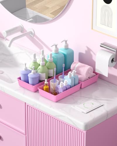 10 Pack Large Size Plastic Drawer Organizers Set, 3 Sizes Desk Drawer Organizer Trays, Storage Bins for Vanity, Makeup, Bathroom, Kitchen Utensils and Office (Pink)